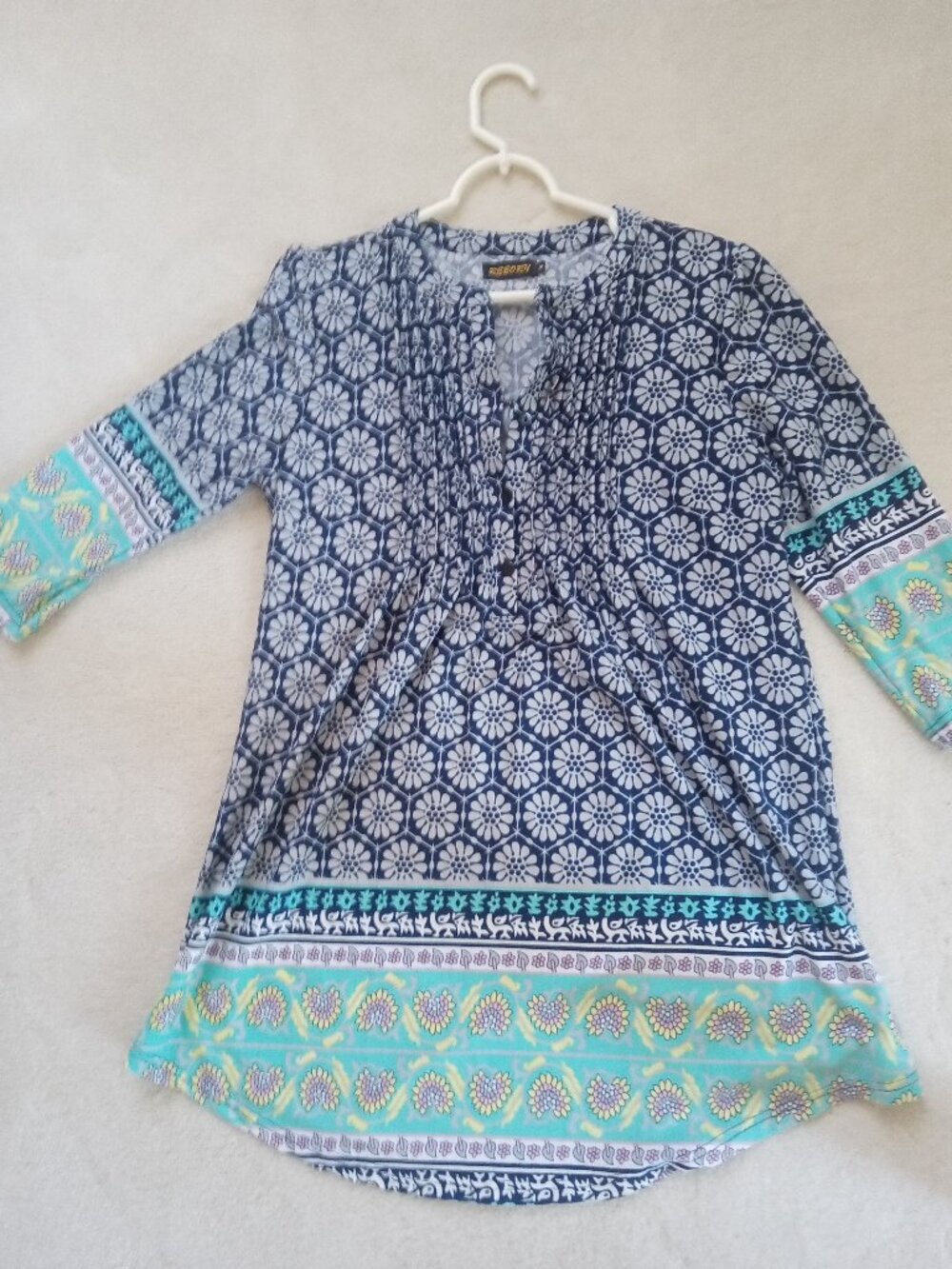 Blue & White Floral Print Tunic Top with Turquoise Border, 3/4 Sleeves